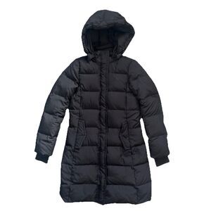 J CREW Womens XS Black Goose Down Full Zip Snap Hood Long Puffer Coat NO Belt